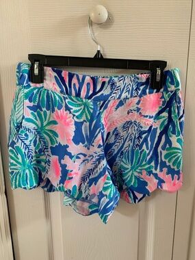 Lily Pulitzer Tropical Floral Scallop Hem Shorts - Blue, Pink & Green